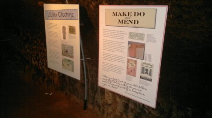 Utility Clothing and Make Do & Mend interpretation panels. These were put together by Bronwen Simpson and Jo Dunn, and fixed to the Air Raid Shelter walls by Andy Pedroza and Katie Senior (photographed by Andy Pedroza)