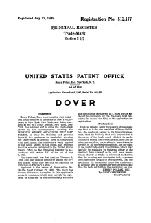 Patent found for the 'Dover' line trademark, applied for in 1947 by Henry Pollak Inc. of Fifth Avenue, New York. From Trade.mar.cx